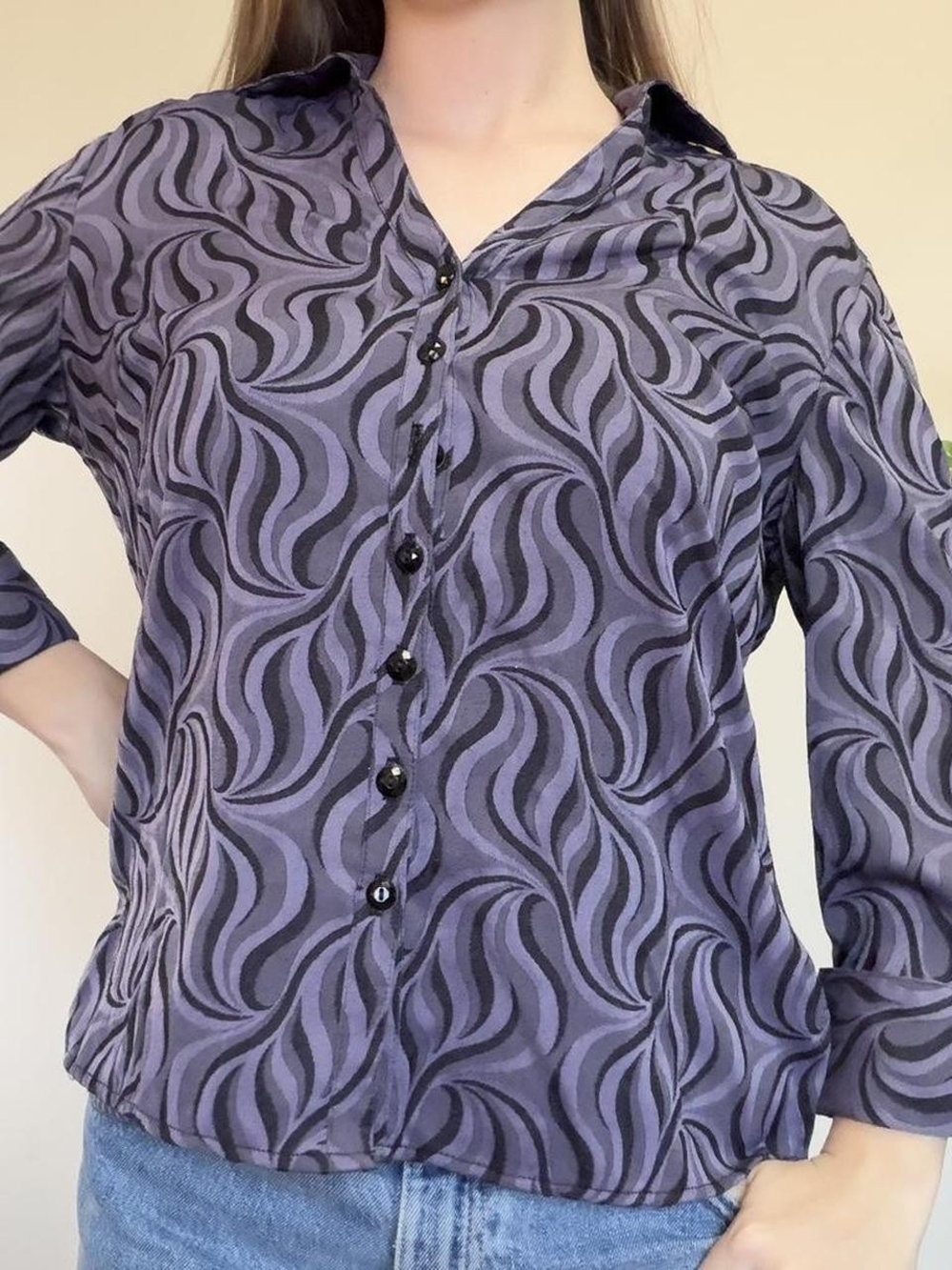 Vintage Y2k Purple Swirl Pattern Button-Up Blouse - Picture 2 of 7